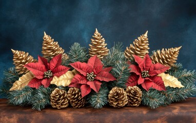 Festive Holiday Decoration Featuring Red Poinsettias, Golden Pinecones, and Greenery Against a Dark Blue Background for Seasonal Celebrations