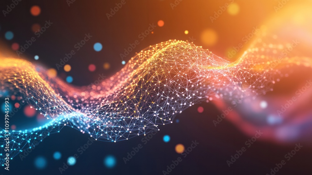 Poster an artistic visualization of a dynamic wave line design intertwined with colorful gradient connectio