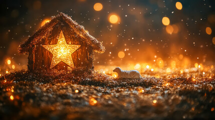 Nativity scene with illuminated star in festive setting at night for christmas celebration