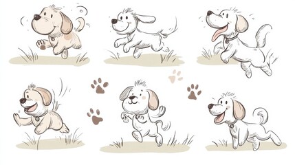 Fototapeta premium Whimsical doodles capture the joy of dogs running freely in a grassy area, displaying their playful nature and energy. Generative AI