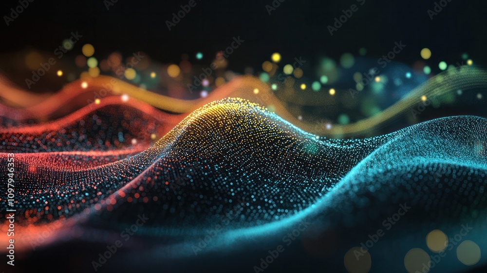 Poster an artistic visualization of a dynamic wave line design intertwined with colorful gradient connectio