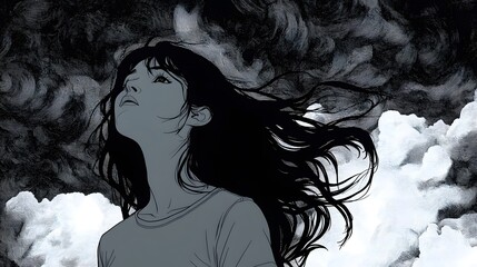 Fototapeta premium A young Asian woman gazes upward with flowing hair against a dramatic sky.