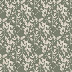 Sprig and leaf texture,mid-century modern seamless vector pattern background. Elegant hand-drawn paint brush style overlapping foliage backdrop. Dense painterly botanical leaf repeat for print, web