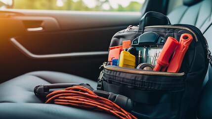 Emergency car kit with tools and supplies on vehicle seat