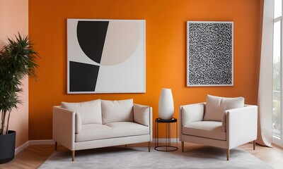 Vibrant Living Room with Orange Walls and Modern Art, Generative AI