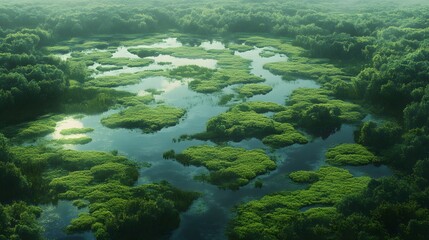 Obraz premium Lush green landscape with tranquil water bodies reflecting sunlight.