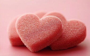 Soft and Sugary Heart-Shaped Gummies on a Pink Background Perfect for Valentine Celebrations, Parties, and Sweet Treat Promotions