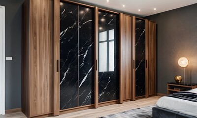 Modern Bedroom with Black Marble Wardrobe, Generative AI