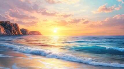 Obraz premium The early morning sun rises majestically over the ocean, filling the sky with brilliant colors. The smooth waves gently ripple towards the shore,
