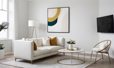 Minimalist Living Room with White Sofa and Abstract Art, Generative AI