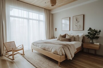 Fototapeta premium Modern scandi master bedroom with light white oak wallpaper ceiling chic natural and neutral tones w wooden bed organic accents generative ai
