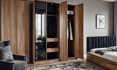 Modern Bedroom with Wooden Wardrobe and Mirrored Doors, Generative Ai