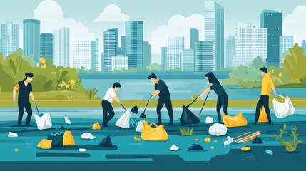 A group of people cleaning up trash by a river in an urban setting.