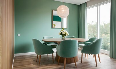 Modern Dining Room with Green Wall and Round Wooden Table, Generative Ai