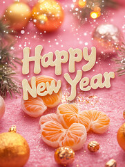 Delicate pink Happy New Year background with tangerines. illustration