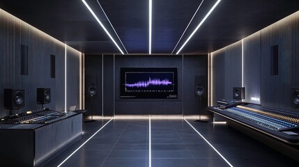 Obraz premium Modern dark music studio with mixing consoles, speakers, and large screen displaying audio waveform.