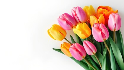 Obraz premium A vibrant bouquet of pink, yellow, and orange tulips with green leaves against a clean white background, including copyspace