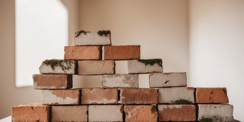 Obraz premium Stacked rustic bricks creating a sturdy foundation for construction.