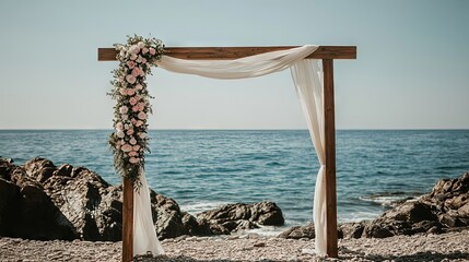 Obraz premium Rustic Wedding Arch with Floral Decor on the Beach