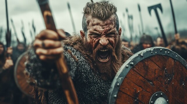 Viking war reenactments with warriors wielding axes and shields, recreating fierce Viking raids