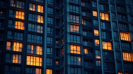 A close-up shot of a tall apartment building at night, showcasing the warm glow of the windows illuminating the dark facade. The image symbolizes urban life, community, home, and the rhythm of daily l