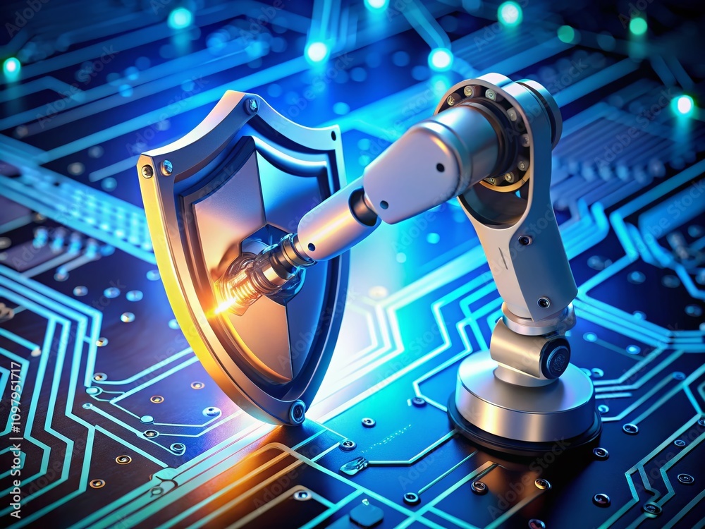 Poster robotic arm engaging with digital security shield on a blue circuit background with bokeh effect - f