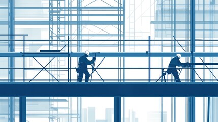 Construction Workers on Scaffolding Illustration - Modern Building Project Blueprint
