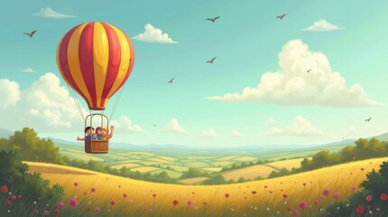 Obraz premium Colorful Hot Air Balloon Soaring Over a Patchwork Landscape