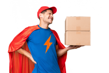 Super Hero delivery man over isolated background suffering from backache for having made an effort