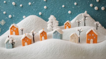 Crochet winter town with felt houses and snowy landscape art