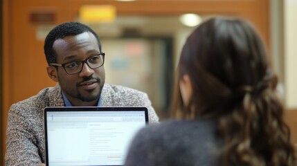 College registrar talking to a mixed race international student about courses. Shows back of a mixed international student's head and Registrar's face, AI Generative
