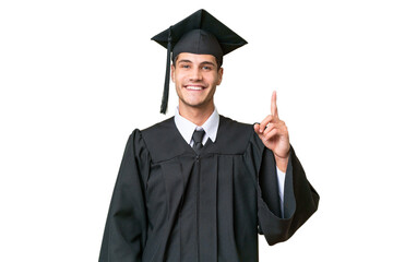 Young university graduate caucasian man over isolated background showing and lifting a finger in sign of the best