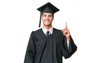 Young university graduate caucasian man over isolated background showing and lifting a finger in sign of the best