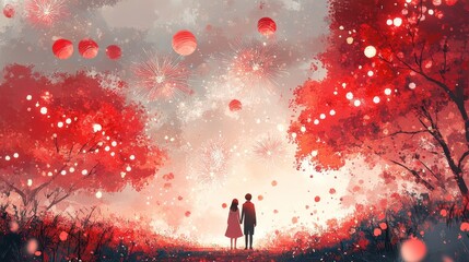 Red fireworks light up a cityscape where two people observe, perfect for New Years or celebration themed design projects