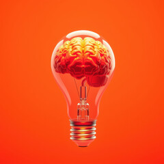 brain inside lightbulb symbolizes creativity and innovation, showcasing fusion of intellect and ideas against vibrant orange background