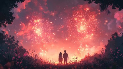 Red fireworks light up a cityscape where two people observe, perfect for New Years or celebration themed design projects
