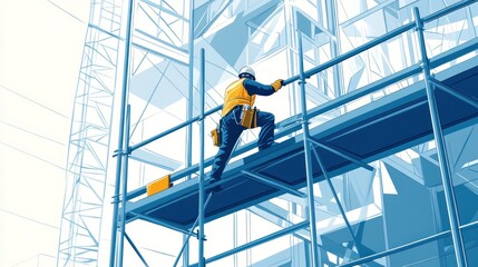 Construction Worker on Scaffolding Illustration, High-Rise Building Project