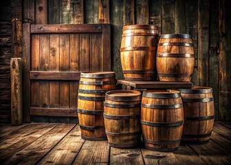Fototapeta premium Rustic Wooden Barrels Resting on a Weathered Wooden Background, Perfect for Vintage-Themed Decor and Beverage Industry Imagery