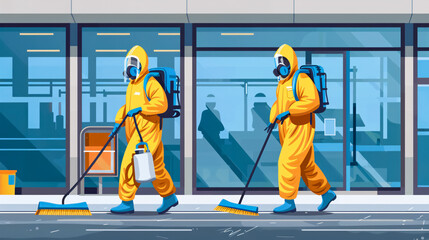 Professional cleaning and disinfection of a town complex amid the coronavirus epidemic, with two workers in protective suits and masks preventing and controlling the spread of the virus.