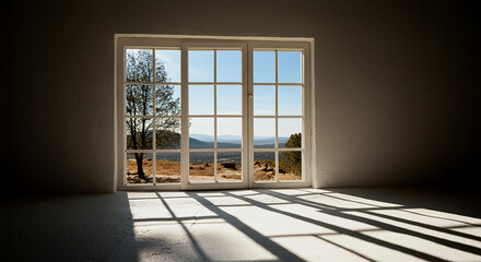 Light and shadow from a window in an abstract white Nature for a product showcase presentation .