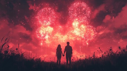 Fototapeta premium Red fireworks light up a cityscape where two people observe, perfect for New Years or celebration themed design projects