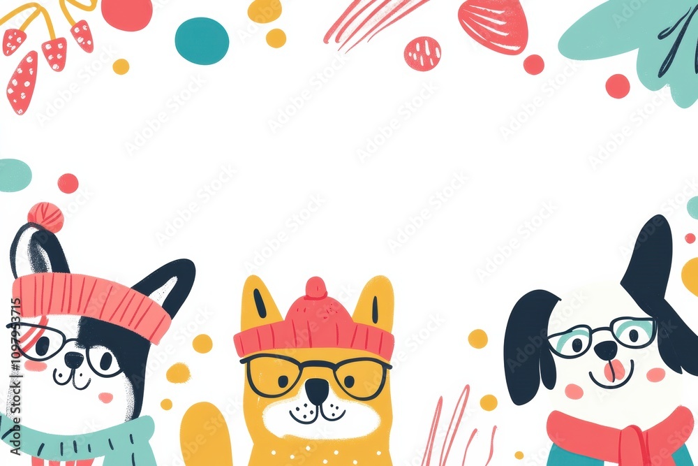 Aufkleber three adorable dogs dressed in colorful hats and glasses are illustrated in a fun doodle style again