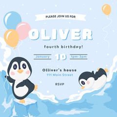 Obraz premium Birthday invitation card with cheerful penguins and balloons. Childrens birthday invitation template. Vector illustration on colored background.
