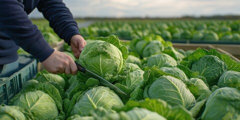 A vibrant green cabbage field in the UK, featuring a worker cutting large, healthy cabbages