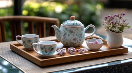 Fototapeta premium Tea set with sweets on tray.