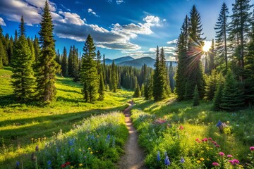 Scenic Trail Through Lush Forest and Meadow Landscape in Salmon National Forest, Idaho, Captured in Late Spring with Vibrant Colors and Natural Beauty