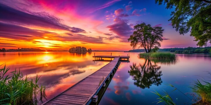 Scenic Sunset Over the Lake with Jetty in Malchow, Mecklenburg-Vorpommern, Germany &ndash; A Tranquil Urban Exploration Photography Experience