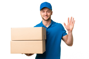 Delivery caucasian man over isolated background saluting with hand with happy expression