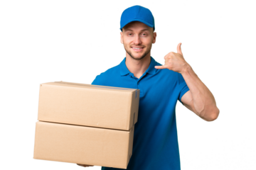 Delivery caucasian man over isolated background making phone gesture. Call me back sign