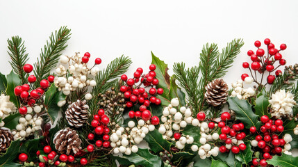 Aesthetic Christmas decoration with green branches, red and white berries and flowers, copy space. Generative AI